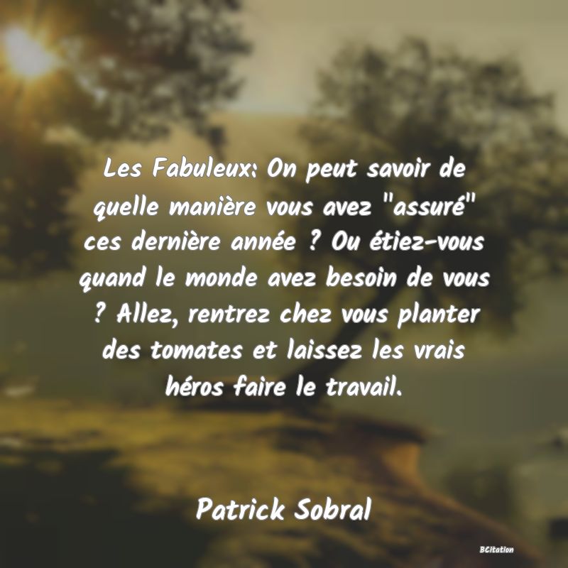 image de citation: Les Fabuleux: On peut savoir de quelle manière vous avez  assuré  ces dernière année ? Ou étiez-vous quand le monde avez besoin de vous ? Allez, rentrez chez vous planter des tomates et laissez les vrais héros faire le travail.