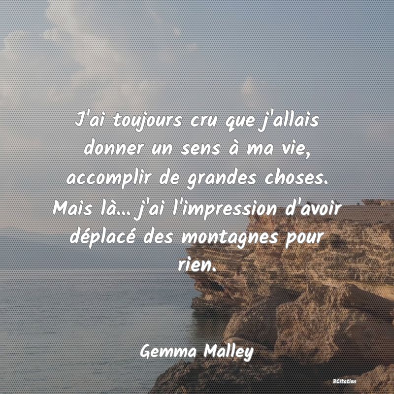 image de citation: J'ai toujours cru que j'allais donner un sens à ma vie, accomplir de grandes choses. Mais là... j'ai l'impression d'avoir déplacé des montagnes pour rien.