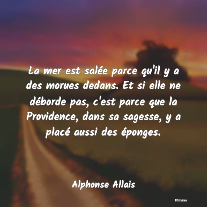 Belle Citation - La mer est salée parce qu'il y a des morues dedans. Et si elle ne déborde pas, c'est parce que la Providence, dans sa sagesse, y a placé aussi des éponges. - Alphonse Allais