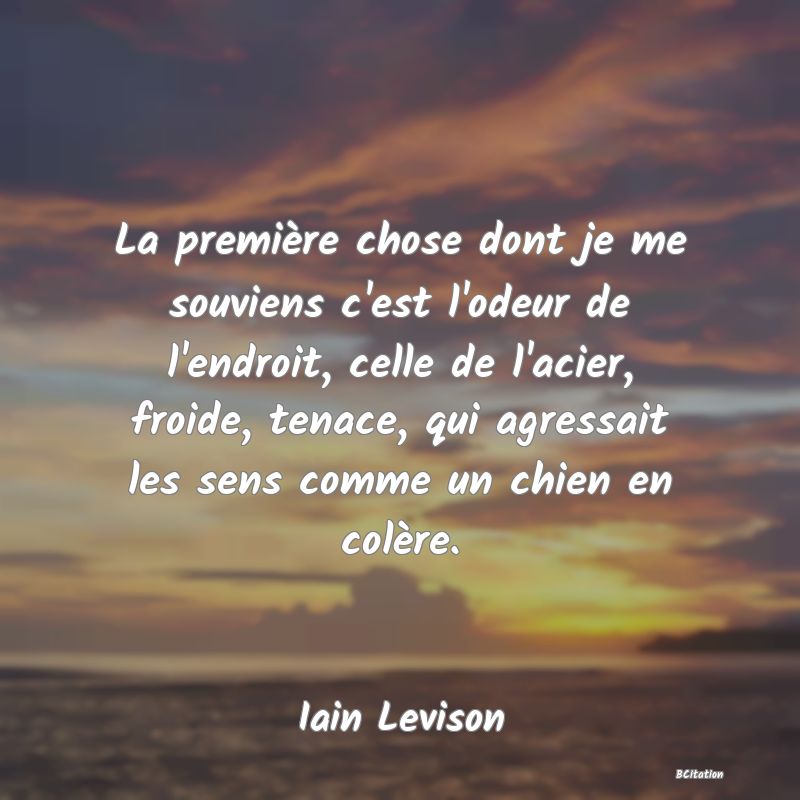 Belle Citation - La première chose dont je me souviens c'est l'odeur de l'endroit, celle de l'acier, froide, tenace, qui agressait les sens comme un chien en colère. - Iain Levison