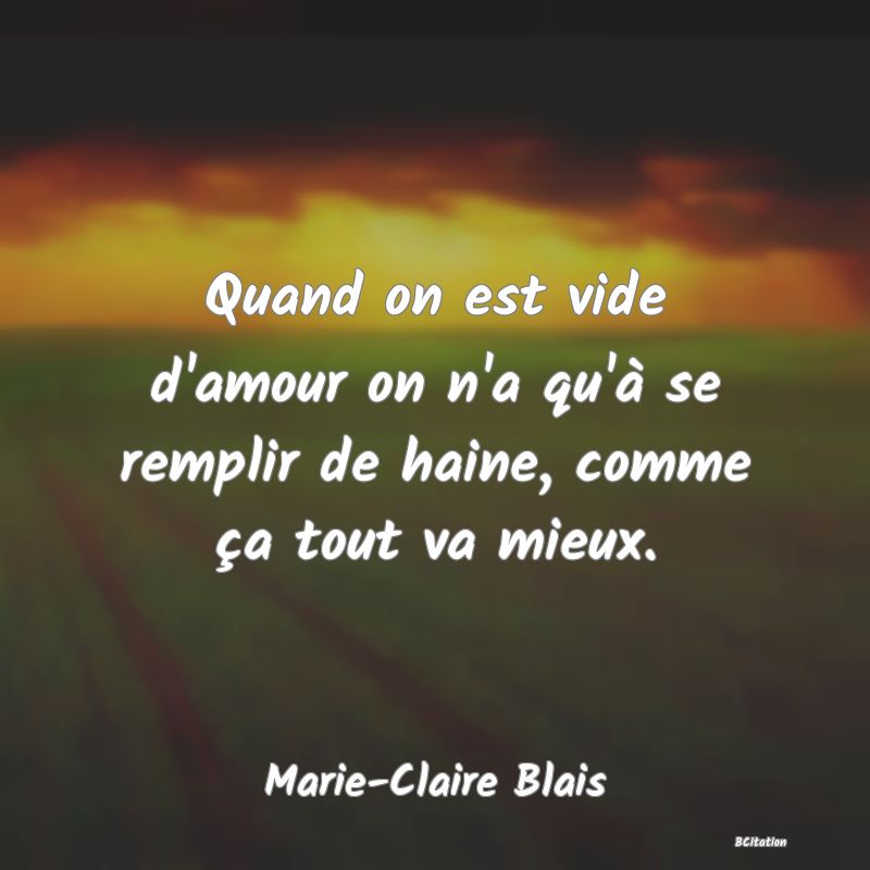 Belle Citation - Quand on est vide d'amour on n'a qu'à se remplir de haine, comme ça tout va mieux. - Marie-Claire Blais