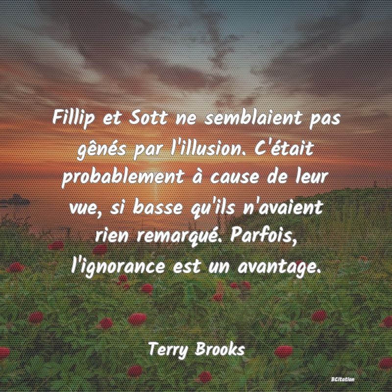 image de citation: Fillip et Sott ne semblaient pas gênés par l'illusion. C'était probablement à cause de leur vue, si basse qu'ils n'avaient rien remarqué. Parfois, l'ignorance est un avantage.