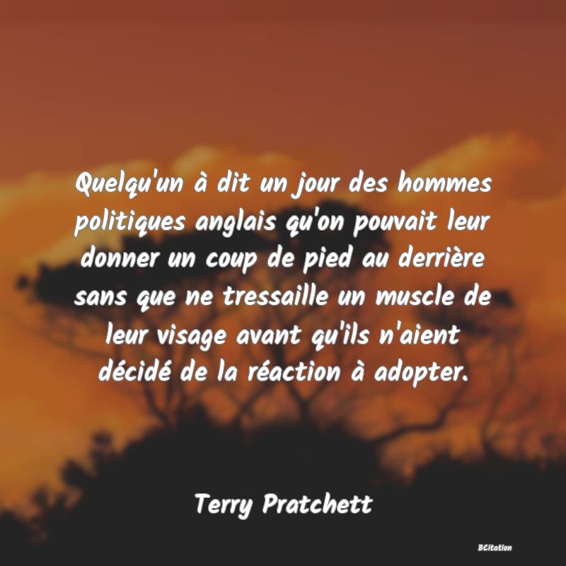 image de citation: Quelqu'un à dit un jour des hommes politiques anglais qu'on pouvait leur donner un coup de pied au derrière sans que ne tressaille un muscle de leur visage avant qu'ils n'aient décidé de la réaction à adopter.