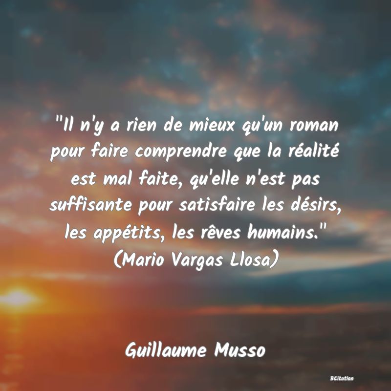 image de citation:  Il n'y a rien de mieux qu'un roman pour faire comprendre que la réalité est mal faite, qu'elle n'est pas suffisante pour satisfaire les désirs, les appétits, les rêves humains.  (Mario Vargas Llosa)