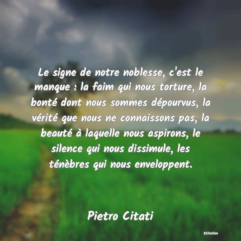 image de citation: Le signe de notre noblesse, c'est le manque : la faim qui nous torture, la bonté dont nous sommes dépourvus, la vérité que nous ne connaissons pas, la beauté à laquelle nous aspirons, le silence qui nous dissimule, les ténèbres qui nous enveloppent.