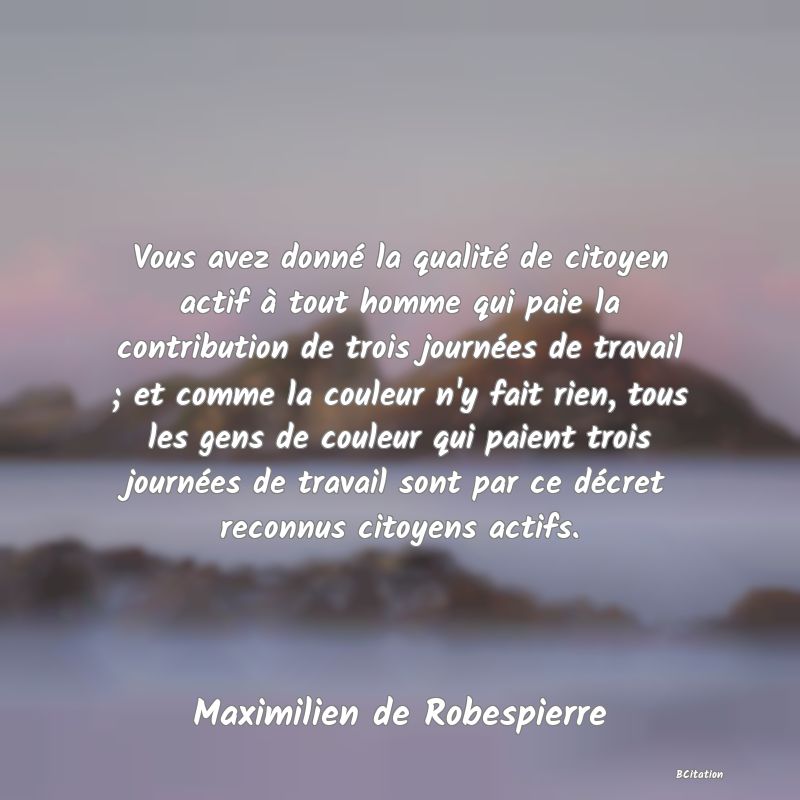 image de citation: Vous avez donné la qualité de citoyen actif à tout homme qui paie la contribution de trois journées de travail ; et comme la couleur n'y fait rien, tous les gens de couleur qui paient trois journées de travail sont par ce décret reconnus citoyens actifs.