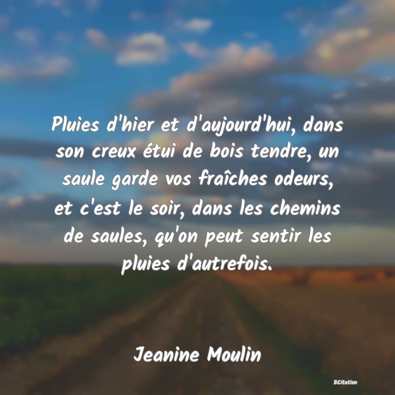 image de citation: Pluies d'hier et d'aujourd'hui, dans son creux étui de bois tendre, un saule garde vos fraîches odeurs, et c'est le soir, dans les chemins de saules, qu'on peut sentir les pluies d'autrefois.