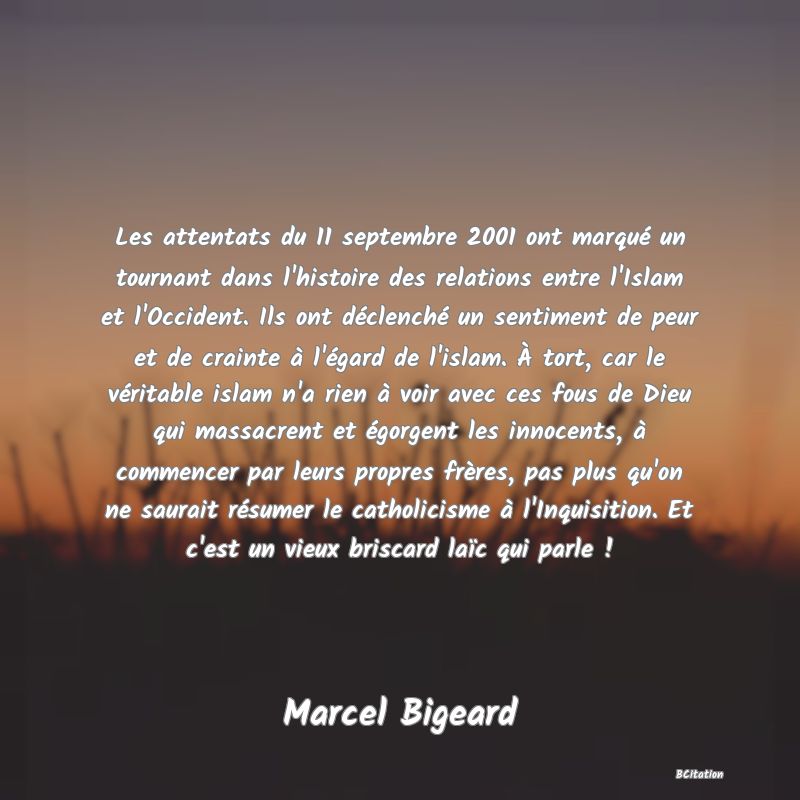 image de citation: Les attentats du 11 septembre 2001 ont marqué un tournant dans l'histoire des relations entre l'Islam et l'Occident. Ils ont déclenché un sentiment de peur et de crainte à l'égard de l'islam. À tort, car le véritable islam n'a rien à voir avec ces fous de Dieu qui massacrent et égorgent les innocents, à commencer par leurs propres frères, pas plus qu'on ne saurait résumer le catholicisme à l'Inquisition. Et c'est un vieux briscard laïc qui parle !