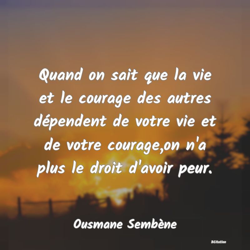 image de citation: Quand on sait que la vie et le courage des autres dépendent de votre vie et de votre courage,on n'a plus le droit d'avoir peur.