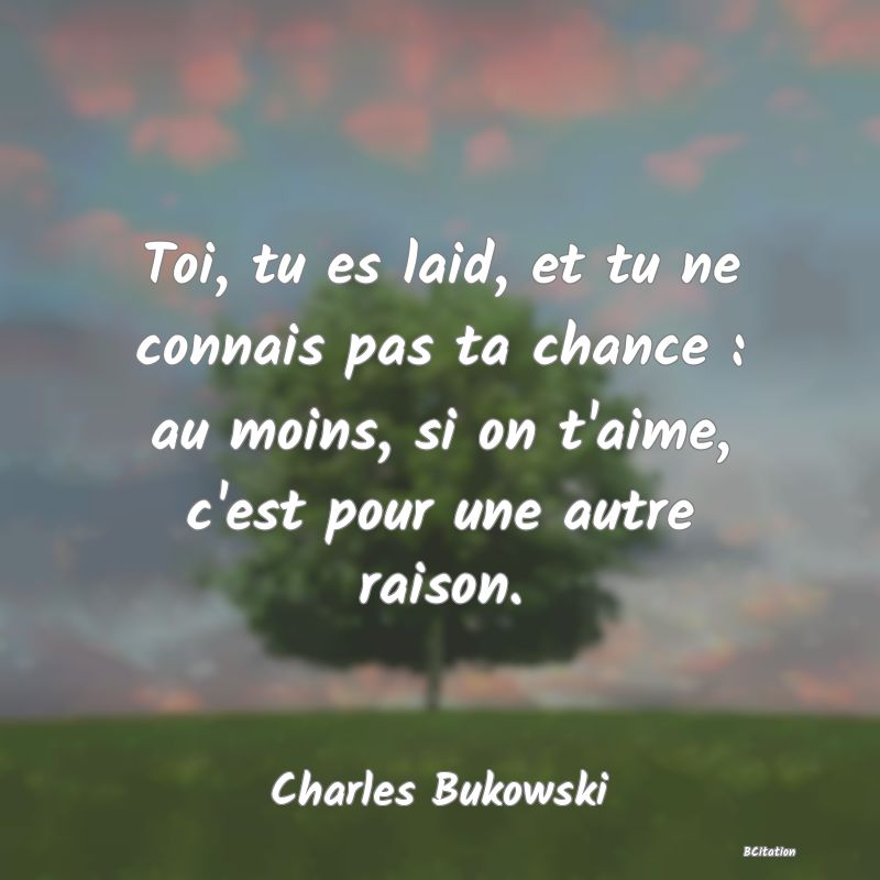 image de citation: Toi, tu es laid, et tu ne connais pas ta chance : au moins, si on t'aime, c'est pour une autre raison.