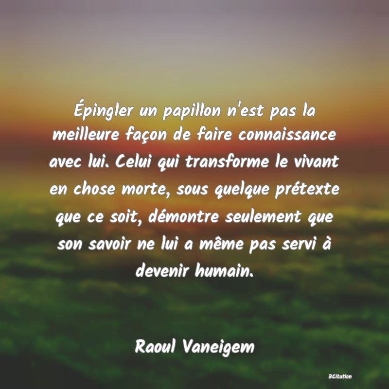 Belle Citation - Épingler un papillon n'est pas la meilleure façon de faire connaissance avec lui. Celui qui transforme le vivant en chose morte, sous quelque prétexte que ce soit, démontre seulement que son savoir ne lui a même pas servi à devenir humain. - Raoul Vaneigem