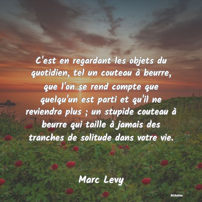 image de citation: C'est en regardant les objets du quotidien, tel un couteau à beurre, que l'on se rend compte que quelqu'un est parti et qu'il ne reviendra plus ; un stupide couteau à beurre qui taille à jamais des tranches de solitude dans votre vie.