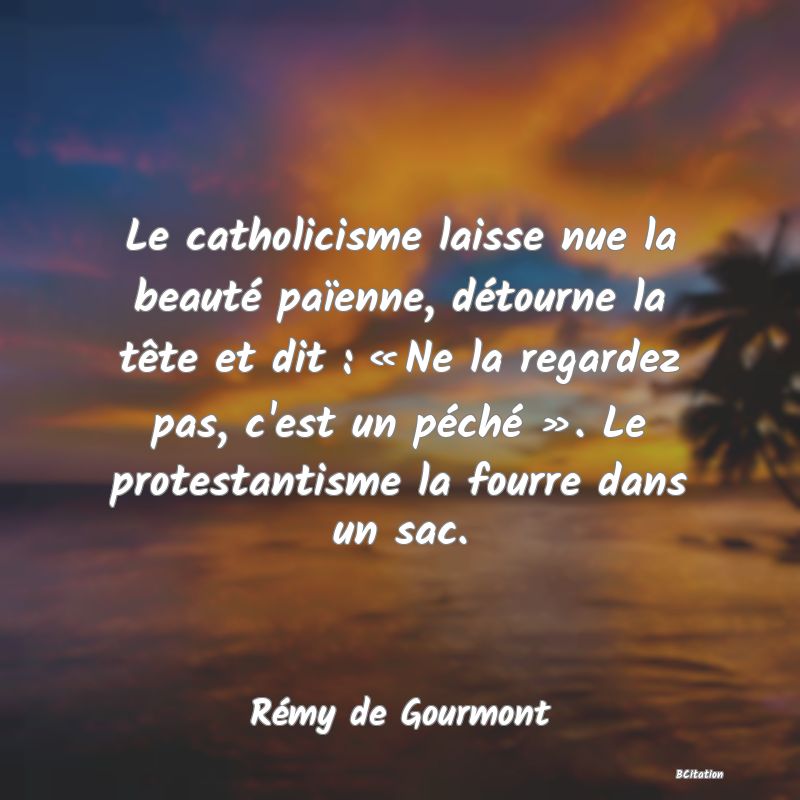Belle Citation - Le catholicisme laisse nue la beauté païenne, détourne la tête et dit : « Ne la regardez pas, c'est un péché ». Le protestantisme la fourre dans un sac. - Rémy de Gourmont
