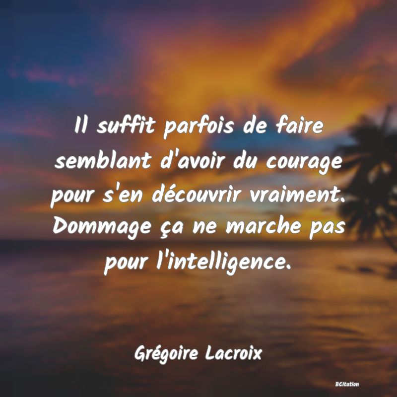 image de citation: Il suffit parfois de faire semblant d'avoir du courage pour s'en découvrir vraiment. Dommage ça ne marche pas pour l'intelligence.