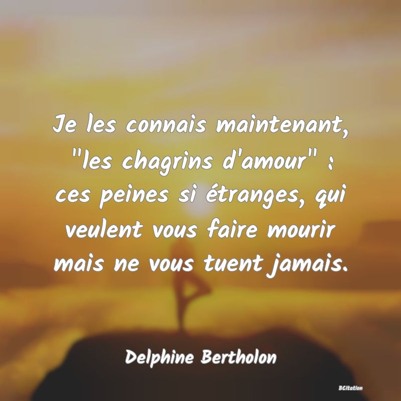 image de citation: Je les connais maintenant,  les chagrins d'amour  : ces peines si étranges, qui veulent vous faire mourir mais ne vous tuent jamais.