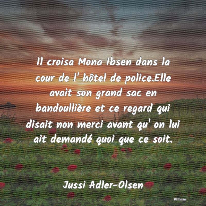 image de citation: Il croisa Mona Ibsen dans la cour de l' hôtel de police.Elle avait son grand sac en bandoullière et ce regard qui disait non merci avant qu' on lui ait demandé quoi que ce soit.