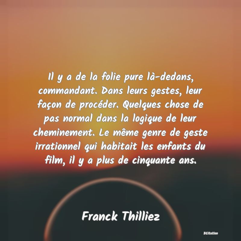 image de citation: Il y a de la folie pure là-dedans, commandant. Dans leurs gestes, leur façon de procéder. Quelques chose de pas normal dans la logique de leur cheminement. Le même genre de geste irrationnel qui habitait les enfants du film, il y a plus de cinquante ans.