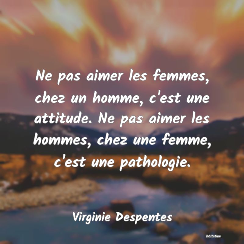 image de citation: Ne pas aimer les femmes, chez un homme, c'est une attitude. Ne pas aimer les hommes, chez une femme, c'est une pathologie.