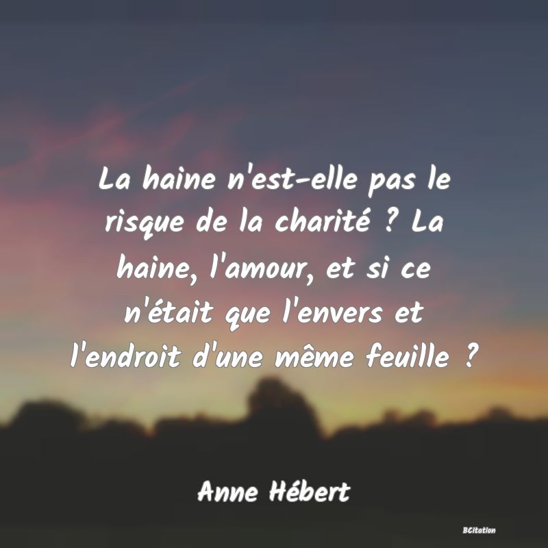 image de citation: La haine n'est-elle pas le risque de la charité ? La haine, l'amour, et si ce n'était que l'envers et l'endroit d'une même feuille ?