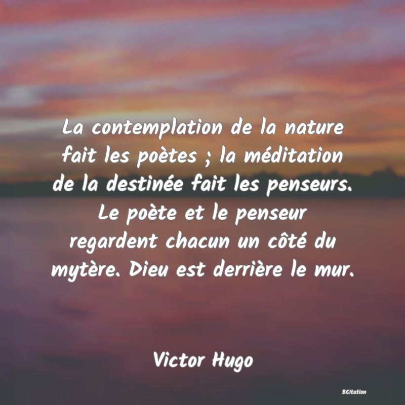 image de citation: La contemplation de la nature fait les poètes ; la méditation de la destinée fait les penseurs. Le poète et le penseur regardent chacun un côté du mytère. Dieu est derrière le mur.