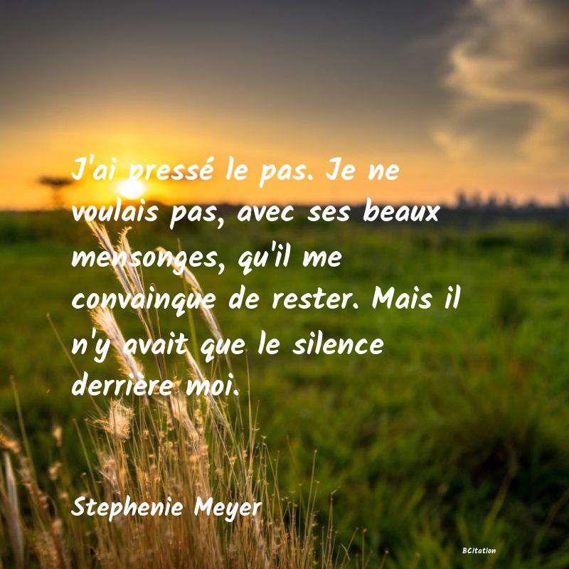 image de citation: J'ai pressé le pas. Je ne voulais pas, avec ses beaux mensonges, qu'il me convainque de rester. Mais il n'y avait que le silence derrière moi.