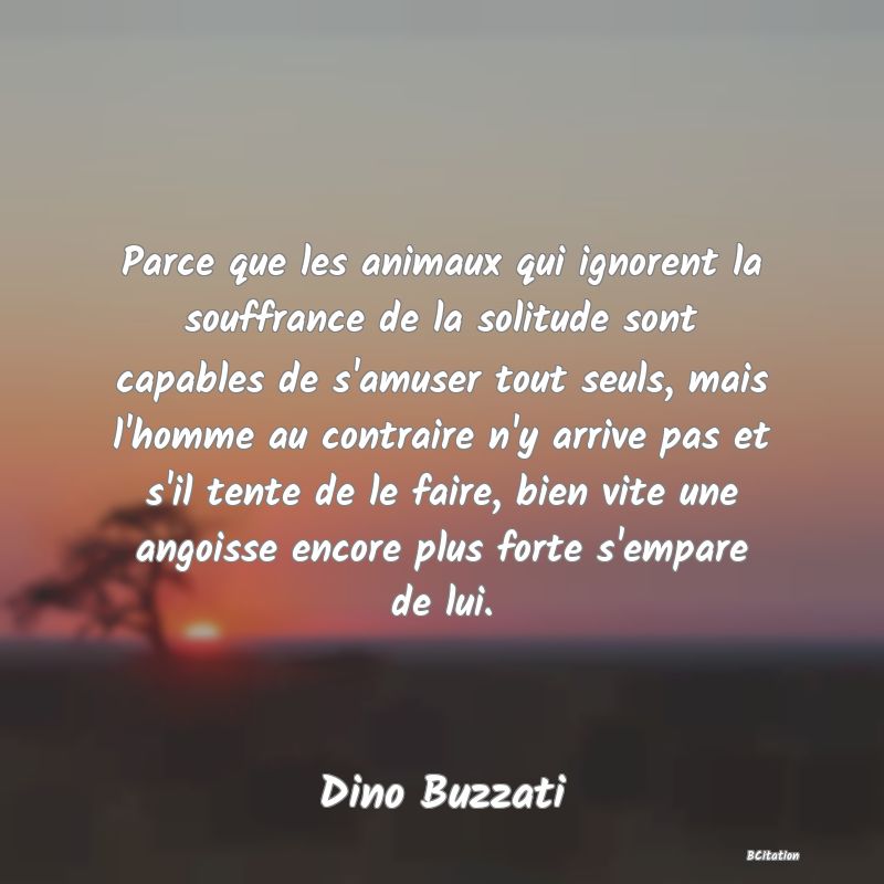 image de citation: Parce que les animaux qui ignorent la souffrance de la solitude sont capables de s'amuser tout seuls, mais l'homme au contraire n'y arrive pas et s'il tente de le faire, bien vite une angoisse encore plus forte s'empare de lui.