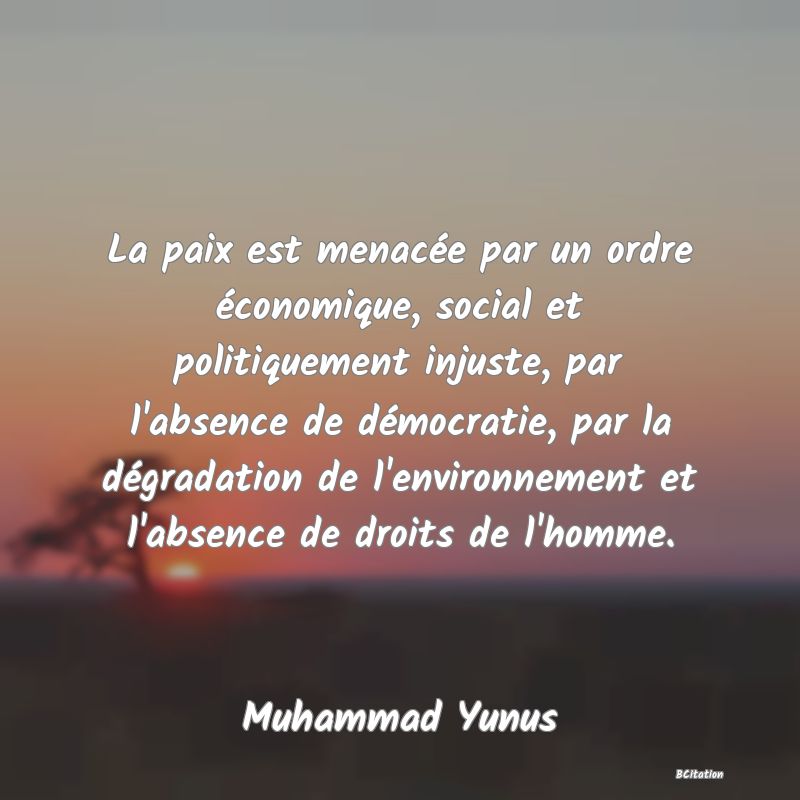 image de citation: La paix est menacée par un ordre économique, social et politiquement injuste, par l'absence de démocratie, par la dégradation de l'environnement et l'absence de droits de l'homme.