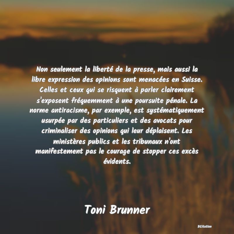 image de citation: Non seulement la liberté de la presse, mais aussi la libre expression des opinions sont menacées en Suisse. Celles et ceux qui se risquent à parler clairement s'exposent fréquemment à une poursuite pénale. La norme antiracisme, par exemple, est systématiquement usurpée par des particuliers et des avocats pour criminaliser des opinions qui leur déplaisent. Les ministères publics et les tribunaux n'ont manifestement pas le courage de stopper ces excès évidents.