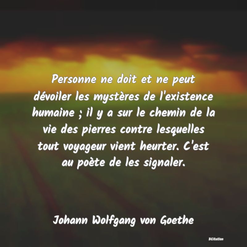 Belle Citation - Personne ne doit et ne peut dévoiler les mystères de l'existence humaine ; il y a sur le chemin de la vie des pierres contre lesquelles tout voyageur vient heurter. C'est au poète de les signaler. - Johann Wolfgang von Goethe