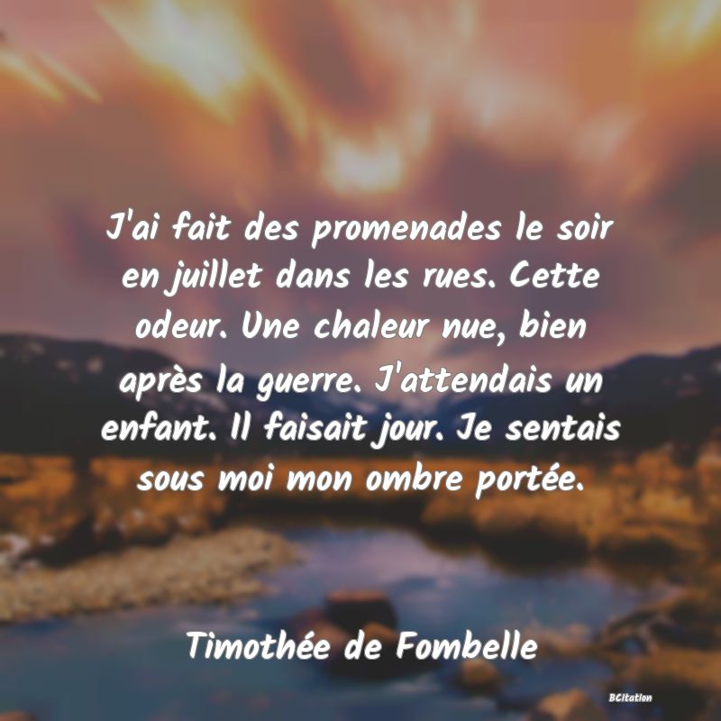 image de citation: J'ai fait des promenades le soir en juillet dans les rues. Cette odeur. Une chaleur nue, bien après la guerre. J'attendais un enfant. Il faisait jour. Je sentais sous moi mon ombre portée.