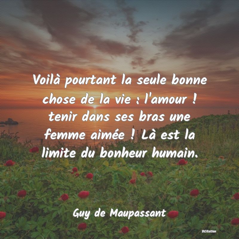 image de citation: Voilà pourtant la seule bonne chose de la vie : l'amour ! tenir dans ses bras une femme aimée ! Là est la limite du bonheur humain.