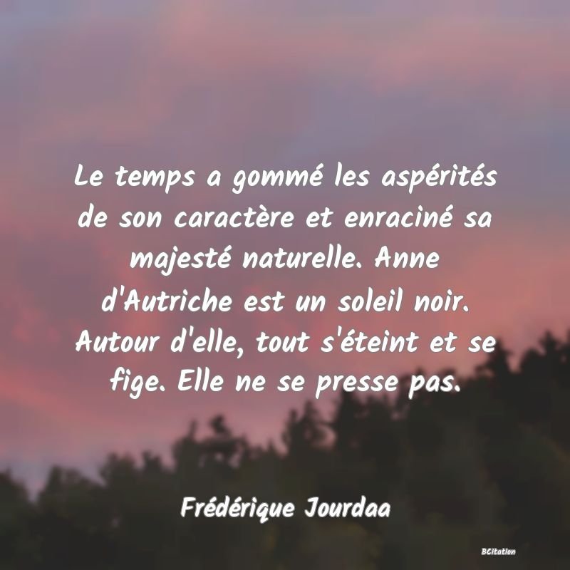 Belle Citation - Le temps a gommé les aspérités de son caractère et enraciné sa majesté naturelle. Anne d'Autriche est un soleil noir. Autour d'elle, tout s'éteint et se fige. Elle ne se presse pas. - Frédérique Jourdaa
