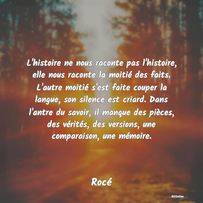 image de citation: L'histoire ne nous raconte pas l'histoire, elle nous raconte la moitié des faits. L'autre moitié s'est faite couper la langue, son silence est criard. Dans l'antre du savoir, il manque des pièces, des vérités, des versions, une comparaison, une mémoire.