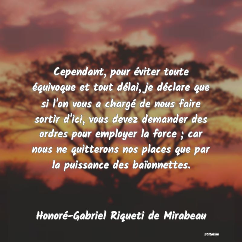 image de citation: Cependant, pour éviter toute équivoque et tout délai, je déclare que si l'on vous a chargé de nous faire sortir d'ici, vous devez demander des ordres pour employer la force ; car nous ne quitterons nos places que par la puissance des baïonnettes.