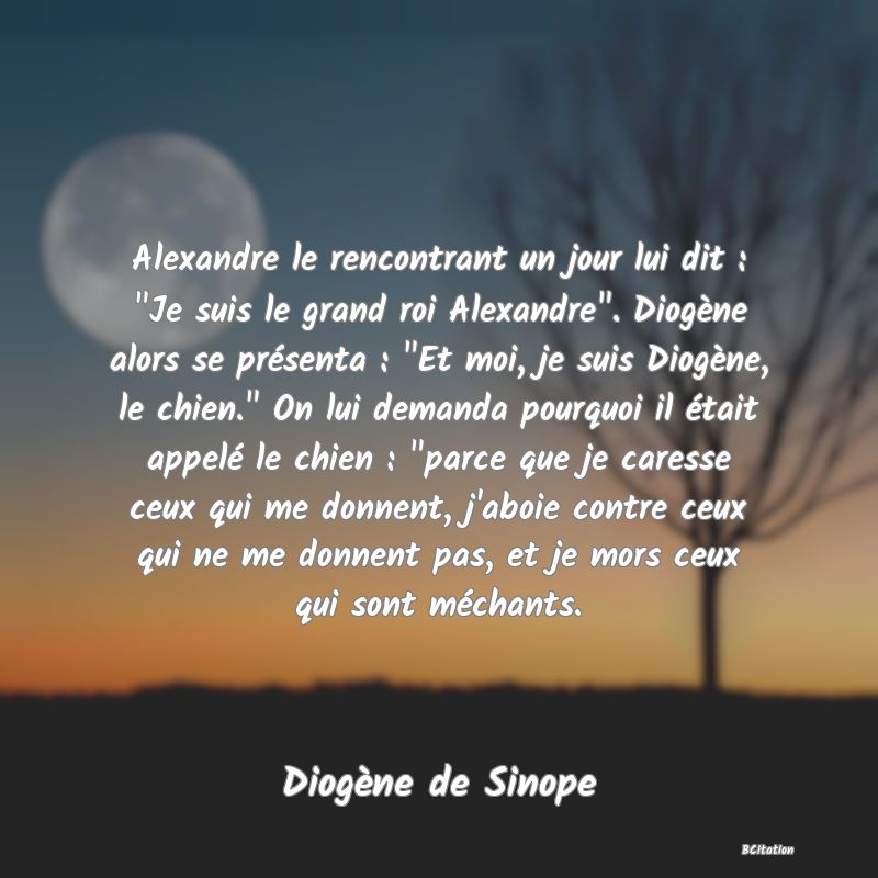 image de citation: Alexandre le rencontrant un jour lui dit :  Je suis le grand roi Alexandre . Diogène alors se présenta :  Et moi, je suis Diogène, le chien.  On lui demanda pourquoi il était appelé le chien :  parce que je caresse ceux qui me donnent, j'aboie contre ceux qui ne me donnent pas, et je mors ceux qui sont méchants.