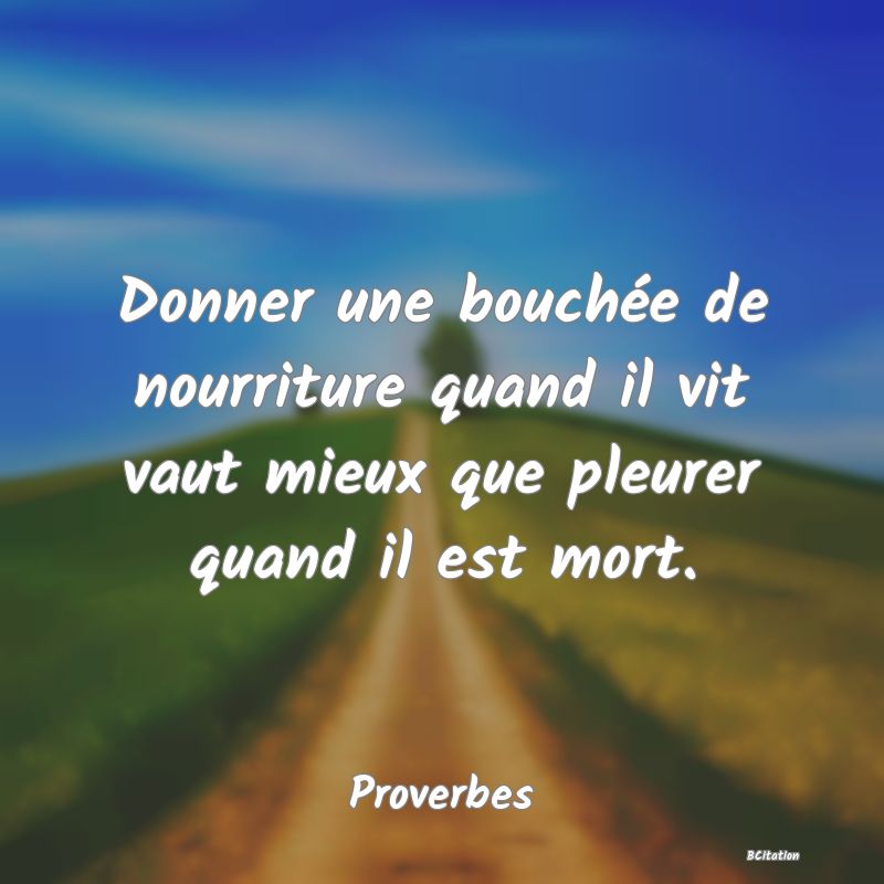 image de citation: Donner une bouchée de nourriture quand il vit vaut mieux que pleurer quand il est mort.