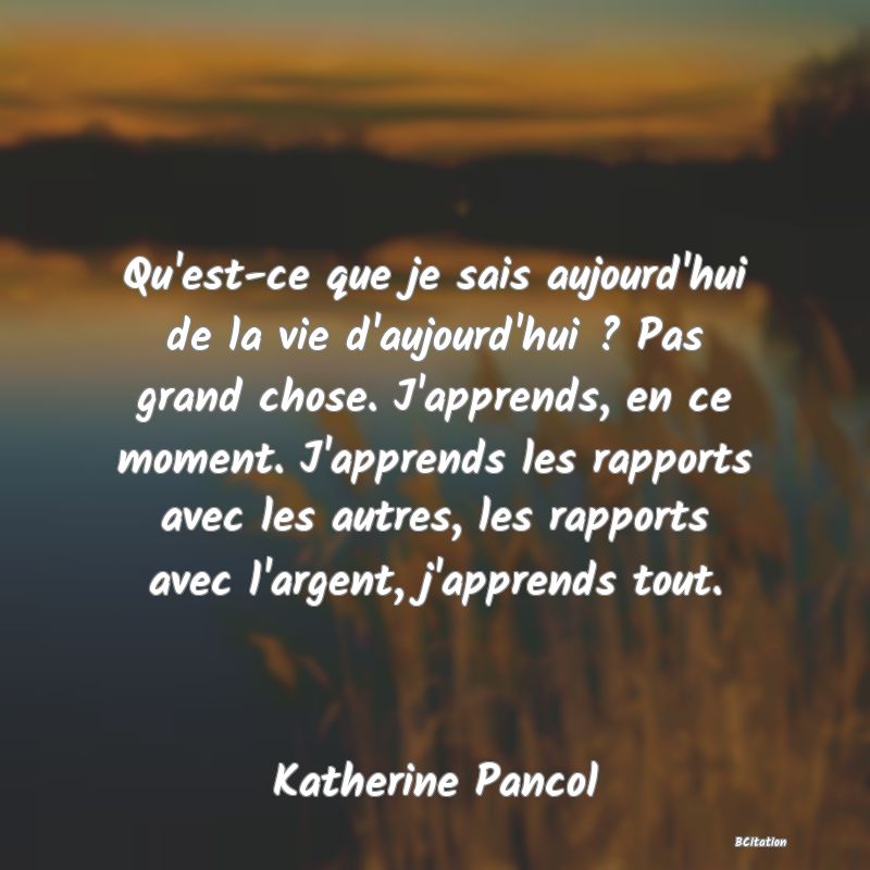 Belle Citation - Qu'est-ce que je sais aujourd'hui de la vie d'aujourd'hui ? Pas grand chose. J'apprends, en ce moment. J'apprends les rapports avec les autres, les rapports avec l'argent, j'apprends tout. - Katherine Pancol
