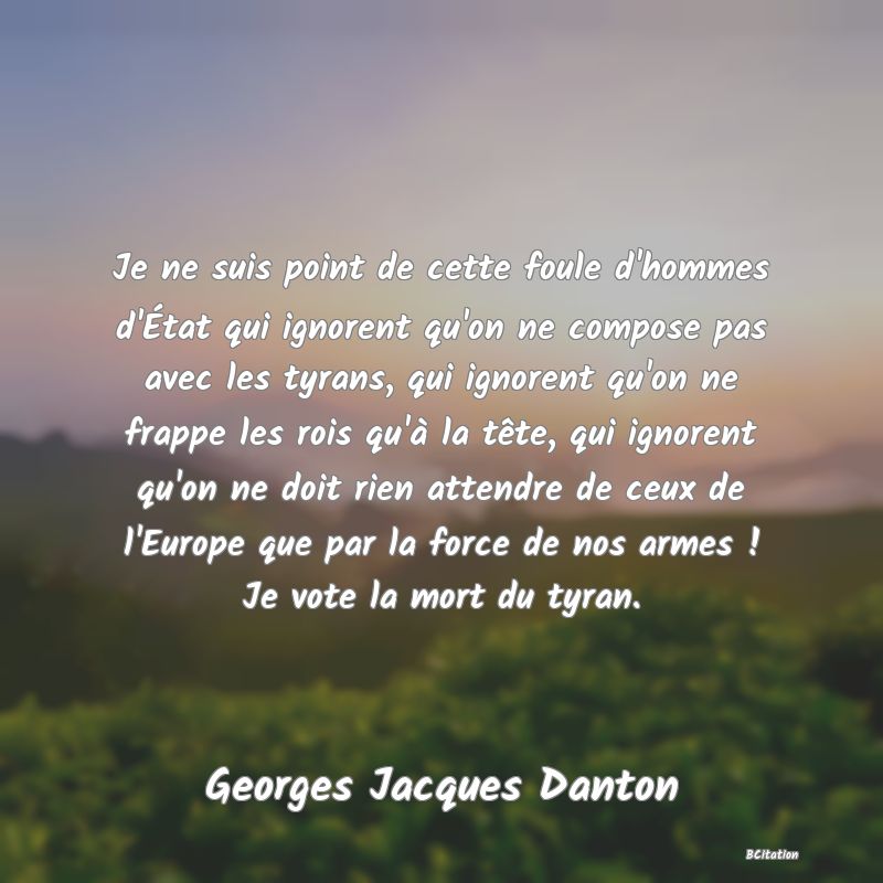 image de citation: Je ne suis point de cette foule d'hommes d'État qui ignorent qu'on ne compose pas avec les tyrans, qui ignorent qu'on ne frappe les rois qu'à la tête, qui ignorent qu'on ne doit rien attendre de ceux de l'Europe que par la force de nos armes ! Je vote la mort du tyran.