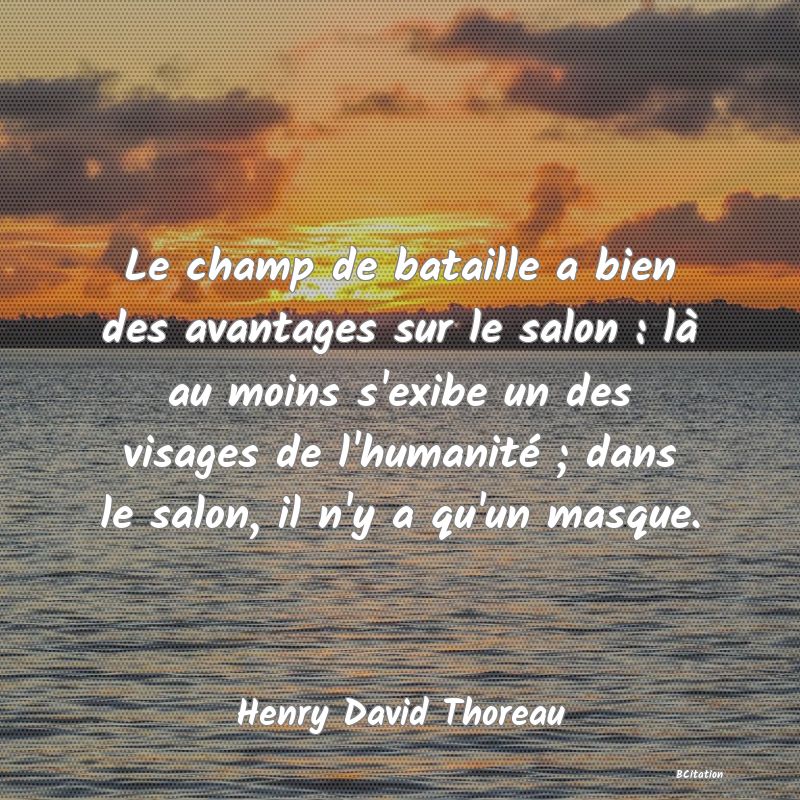 image de citation: Le champ de bataille a bien des avantages sur le salon : là au moins s'exibe un des visages de l'humanité ; dans le salon, il n'y a qu'un masque.