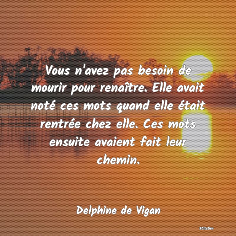 Belle Citation - Vous n'avez pas besoin de mourir pour renaître. Elle avait noté ces mots quand elle était rentrée chez elle. Ces mots ensuite avaient fait leur chemin. - Delphine de Vigan