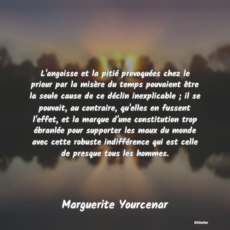 Belle Citation - L'angoisse et la pitié provoquées chez le prieur par la misère du temps pouvaient être la seule cause de ce déclin inexplicable ; il se pouvait, au contraire, qu'elles en fussent l'effet, et la marque d'une constitution trop ébranlée pour supporter les maux du monde avec cette robuste indifférence qui est celle de presque tous les hommes. - Marguerite Yourcenar