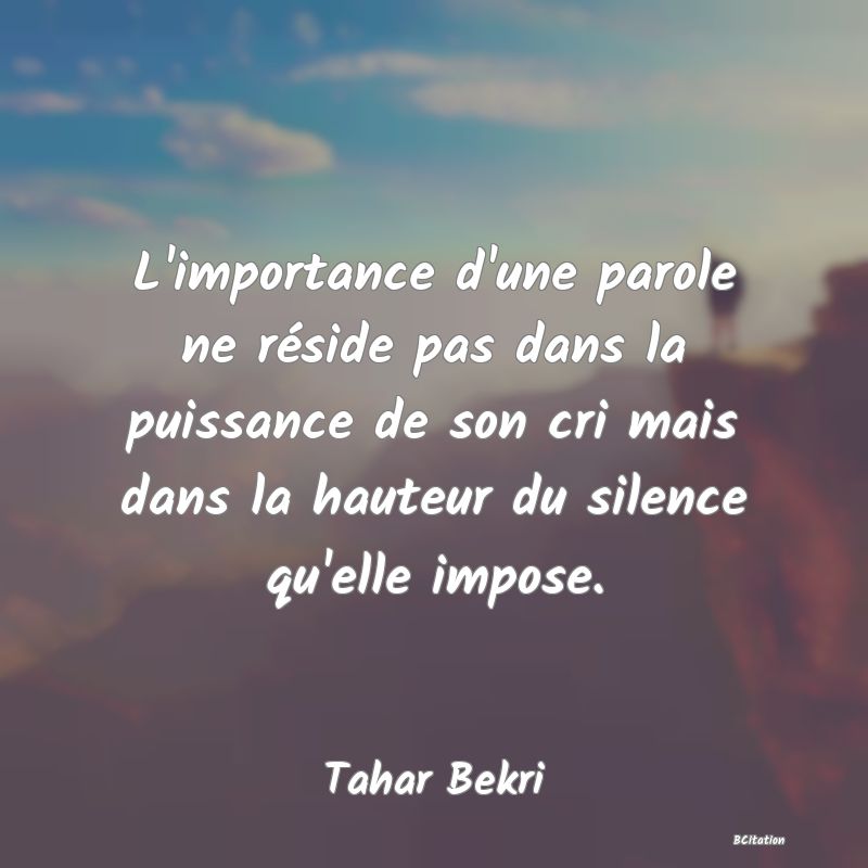 image de citation: L'importance d'une parole ne réside pas dans la puissance de son cri mais dans la hauteur du silence qu'elle impose.