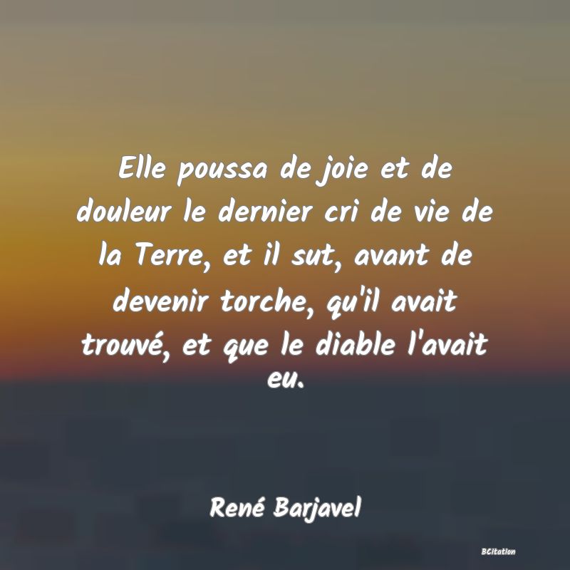 image de citation: Elle poussa de joie et de douleur le dernier cri de vie de la Terre, et il sut, avant de devenir torche, qu'il avait trouvé, et que le diable l'avait eu.