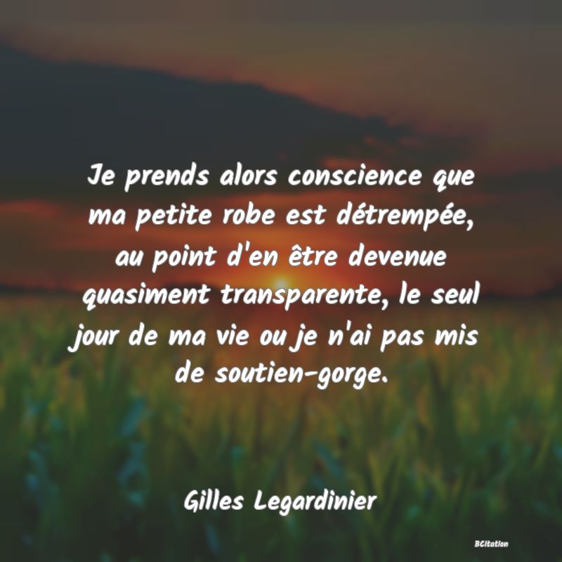 image de citation: Je prends alors conscience que ma petite robe est détrempée, au point d'en être devenue quasiment transparente, le seul jour de ma vie ou je n'ai pas mis de soutien-gorge.