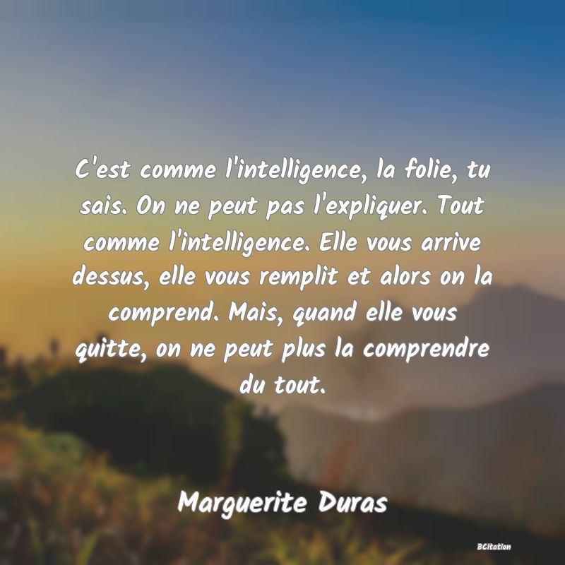 image de citation: C'est comme l'intelligence, la folie, tu sais. On ne peut pas l'expliquer. Tout comme l'intelligence. Elle vous arrive dessus, elle vous remplit et alors on la comprend. Mais, quand elle vous quitte, on ne peut plus la comprendre du tout.