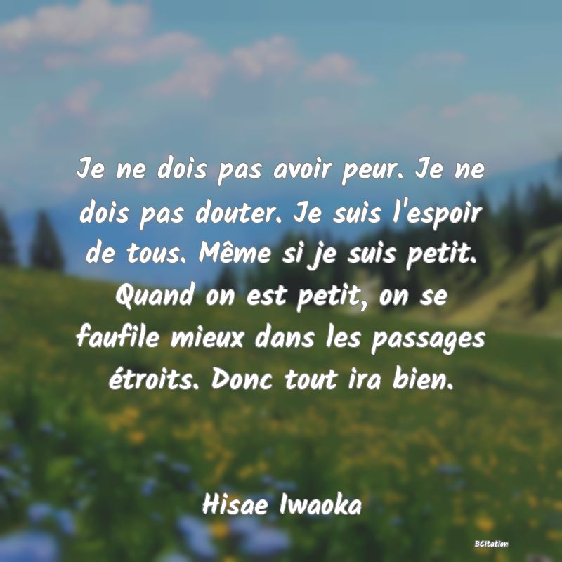 image de citation: Je ne dois pas avoir peur. Je ne dois pas douter. Je suis l'espoir de tous. Même si je suis petit. Quand on est petit, on se faufile mieux dans les passages étroits. Donc tout ira bien.