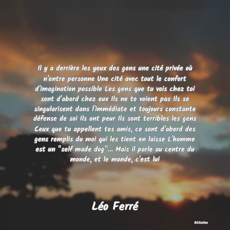 image de citation: Il y a derrière les yeux des gens une cité privée où n'entre personne Une cité avec tout le confort d'imagination possible Les gens que tu vois chez toi sont d'abord chez eux Ils ne te voient pas Ils se singularisent dans l'immédiate et toujours constante défense de soi Ils ont peur Ils sont terribles les gens Ceux que tu appellent tes amis, ce sont d'abord des gens remplis du moi qui les tient en laisse L'homme est un  self made dog ... Mais il parle au centre du monde, et le monde, c'est lui