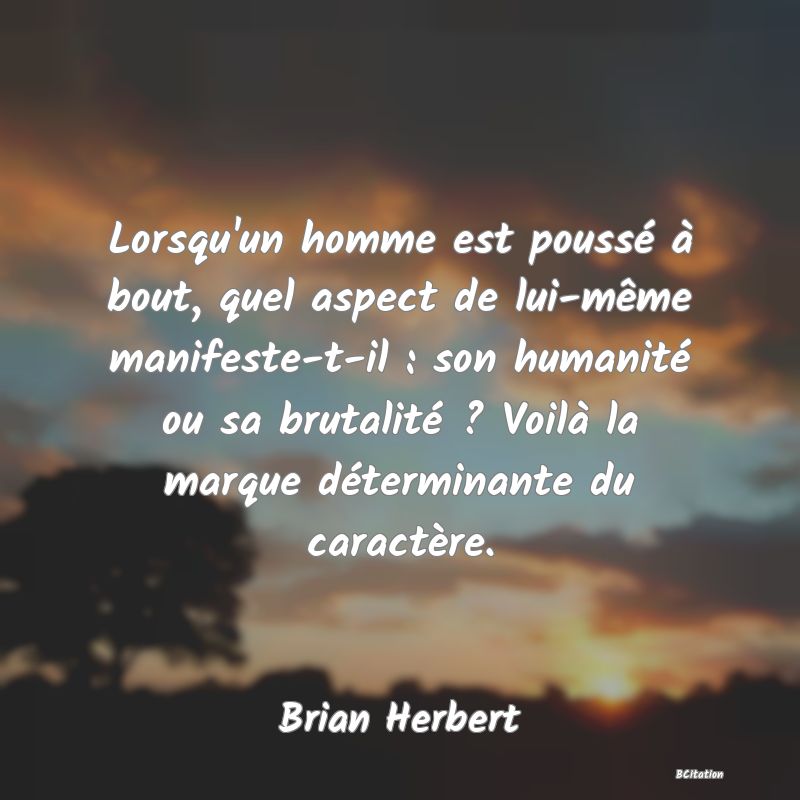 image de citation: Lorsqu'un homme est poussé à bout, quel aspect de lui-même manifeste-t-il : son humanité ou sa brutalité ? Voilà la marque déterminante du caractère.