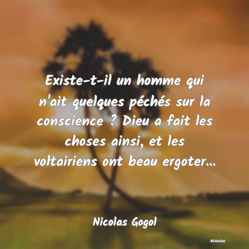 image de citation: Existe-t-il un homme qui n'ait quelques péchés sur la conscience ? Dieu a fait les choses ainsi, et les voltairiens ont beau ergoter...