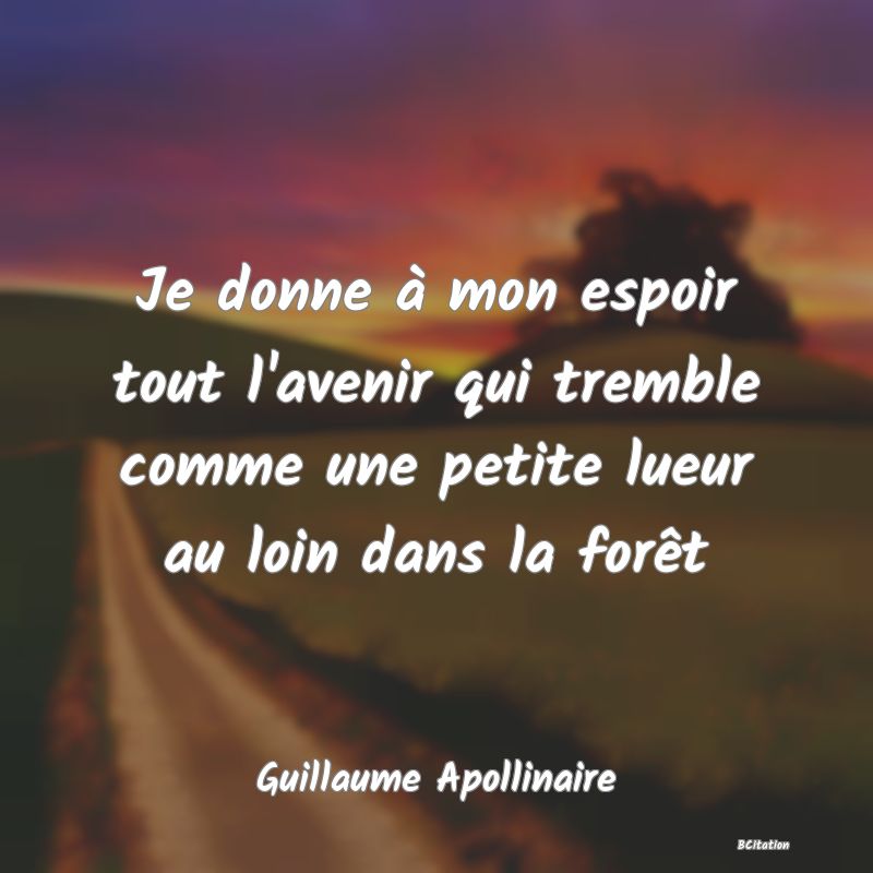 image de citation: Je donne à mon espoir tout l'avenir qui tremble comme une petite lueur au loin dans la forêt